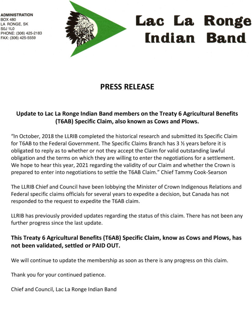 PRESS RELEASE LLRIB Update Treaty 6 Agricultural Benefits (T6AB