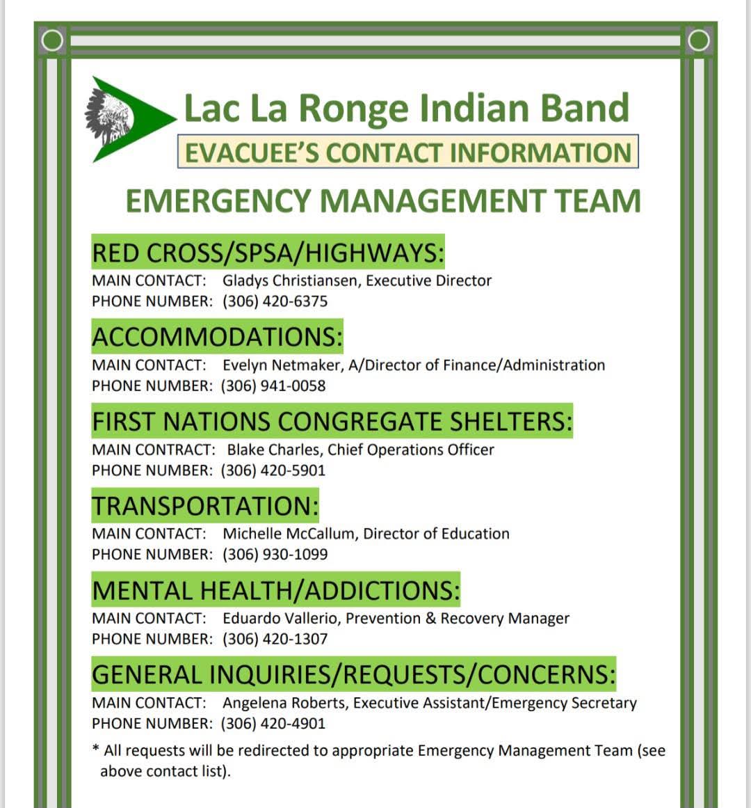 Lac La Ronge Indian Band Evacee’s Contact Information
